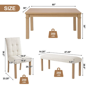 English Elm 6-piece Rectangular Dining Set with Wood Grain Table Four Upholstered Chairs and Bench Natural N752S000012N