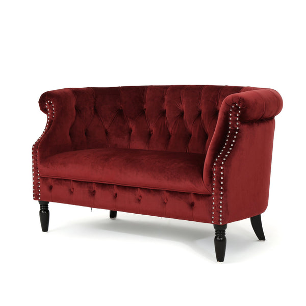 English Elm Christopher Knight Home® - LOVESEAT Chesterfield Velvet Loveseat with Deep Button Tufting, Scrolled Arms & Nailhead Trim for Elegant Comfort Garnet 61203.00NVLTGARN