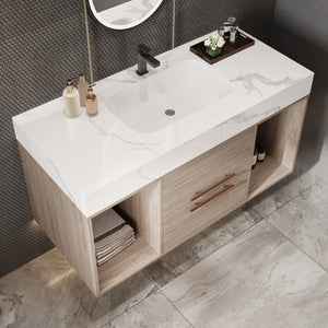 English Elm 39.4'' Floating Bathroom Vanity with Ceramic Sink and Sintered Stone Top, Wall-Mount Modern Design White + Light Oak W3136S00003