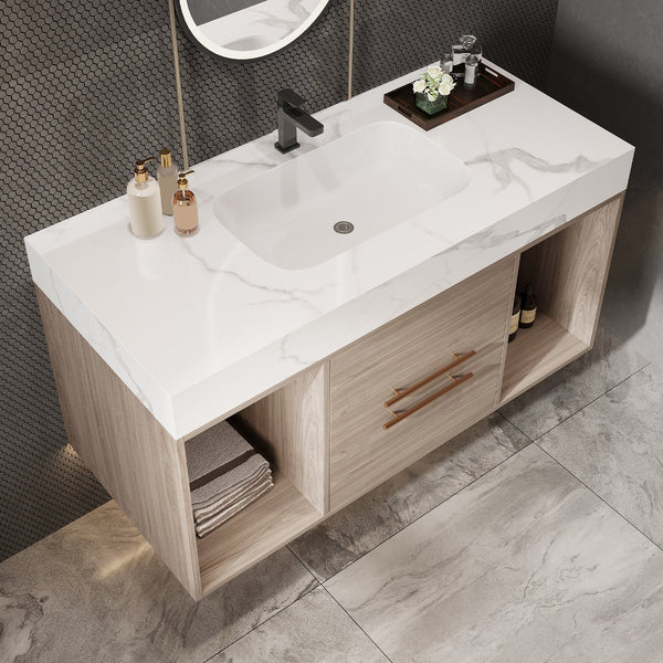 English Elm 39.4'' Floating Bathroom Vanity with Ceramic Sink and Sintered Stone Top, Wall-Mount Modern Design White + Light Oak W3136S00003