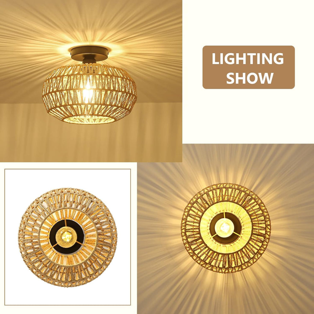 English Elm Rattan Boho Ceiling Light Fixture with Dimmable LED Bulb, Hand-Woven Mini Chandelier for Home W2738P185424