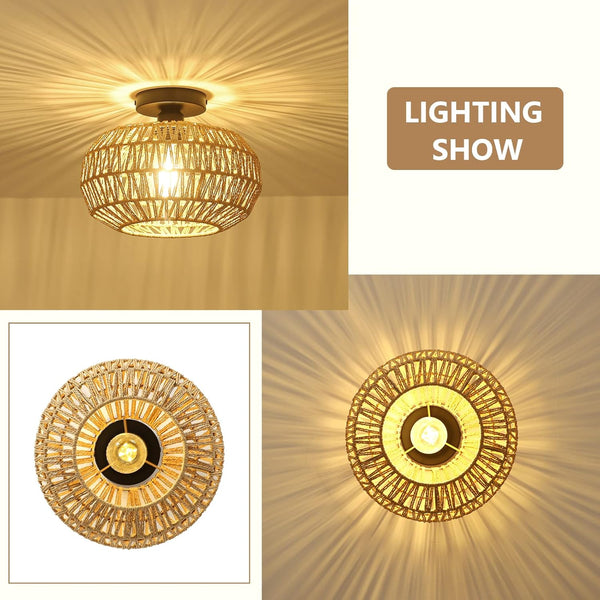 English Elm Rattan Boho Ceiling Light Fixture with Dimmable LED Bulb, Hand-Woven Mini Chandelier for Home W2738P185424
