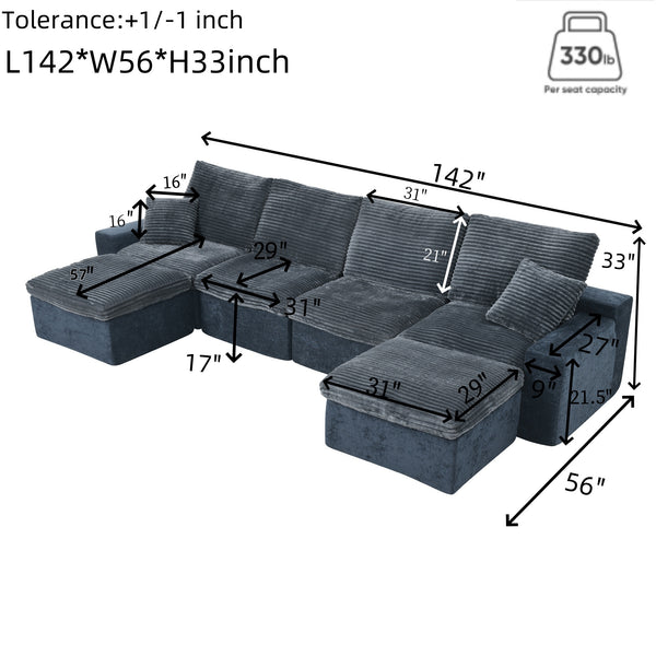 English Elm 142" Cloud Sectional Sofa with 52" Chaise U-Shaped Modular Deep Seat Plush Chenille No Assembly Blue W1117S00237