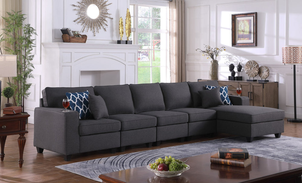 English Elm Cristiano Five Piece Linen Sectional Sofa with Chaise and Built in Cupholders B2749S00108