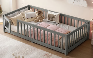 English Elm Twin Floor Bed Solid Pine Frame with Guardrails and Door for Safe Kid Sleep W1580P433575