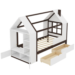 English Elm Twin House Frame Bed Pine Wood with Storage Drawers and Shelves for Kids Bedroom W1580S00573