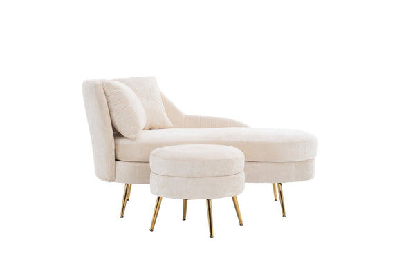 English Elm 58'' Chenille Chaise Lounge with Footstool Pocket Spring Comfort for Bedroom Living Room Beige W2363S00087