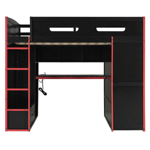 English Elm Full Size Gaming Loft Bed with Rgb Lighting Desk Wardrobe and Built-in Storage Red LT100261AAR