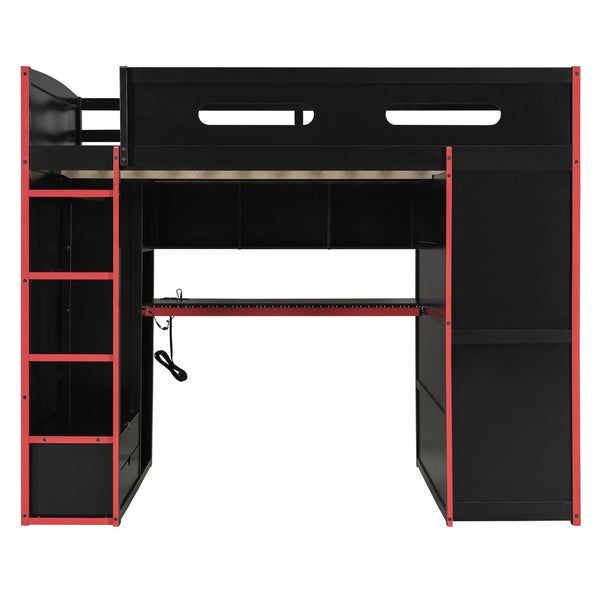 English Elm Full Size Gaming Loft Bed with Rgb Lighting Desk Wardrobe and Built-in Storage Red LT100261AAR