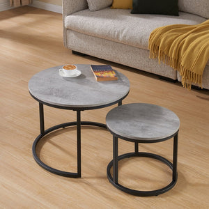 English Elm 24" Round Nesting Coffee Tables Faux Concrete Mdf Top Matte Black Metal Frame W3151P400586