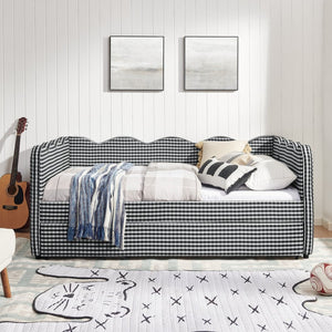 English Elm Full Size Gingham Linen Daybed with Wave Backrest Trundle and Usb Charging Port Black W1413S00141