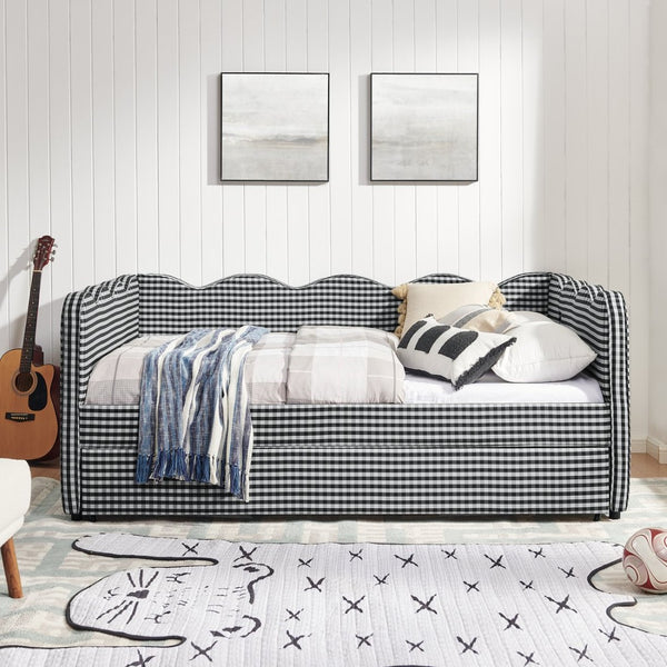 English Elm Full Size Gingham Linen Daybed with Wave Backrest Trundle and Usb Charging Port Black W1413S00141
