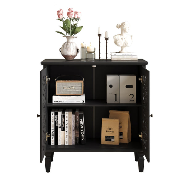 English Elm Vintage Hollow-Carved Accent Cabinet with Floral Motif, 2-Door Sideboard, Adjustable Shelf, Solid Wood Legs Black W1445P384721