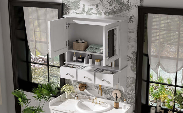 English Elm 4-in-1 Wall Mounted Bathroom Cabinet with Mirror Drawers and Towel Hooks Vanity White N710P405416K