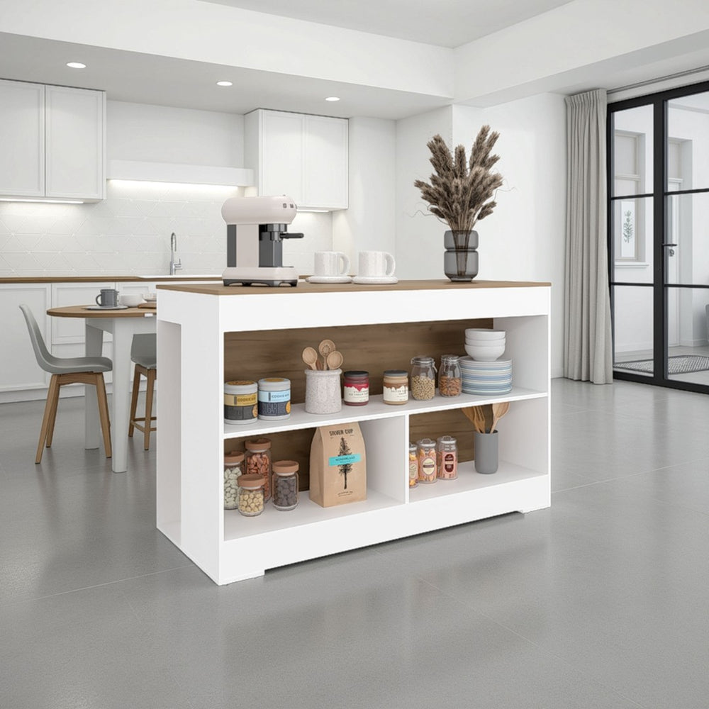 English Elm Makoti Two-tone Kitchen Island with Three Open Shelves for Modern Cooking Spaces B097S00255