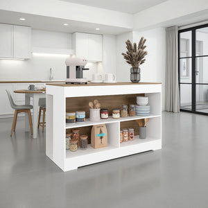 English Elm Makoti Two-tone Kitchen Island with Three Open Shelves for Modern Cooking Spaces B097S00255