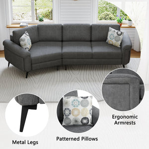 English Elm 111" Upholstered 3-Seater Sofa with Curved Ergonomic Arms, Metal Legs & Removable Patterned Pillows Dark Gray N719S001800R