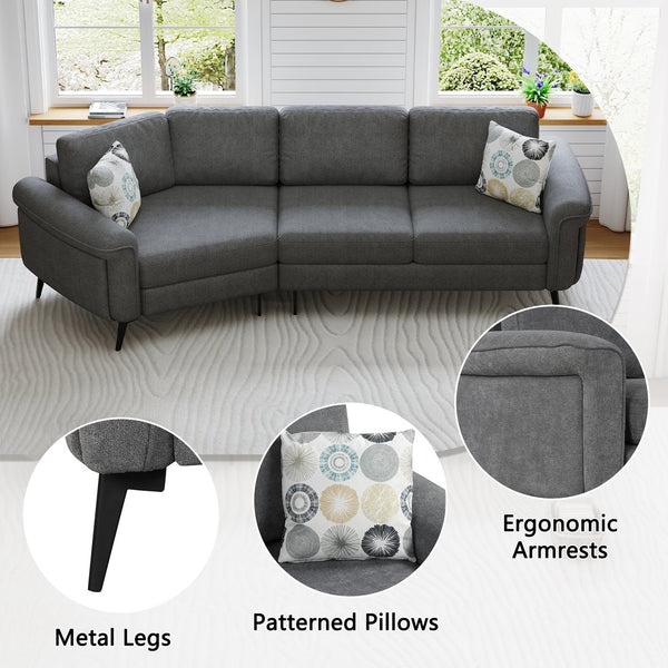 English Elm 111" Upholstered 3-Seater Sofa with Curved Ergonomic Arms, Metal Legs & Removable Patterned Pillows Dark Gray N719S001800R