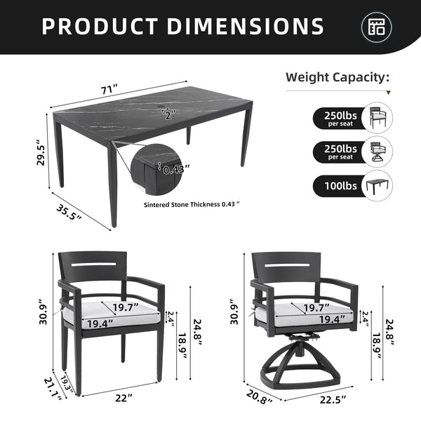 English Elm Modern 7Pc Outdoor Patio Dining Set With Black Marble-Look Table, 4 Chairs & 2 Swivel Rockers W1886S00015
