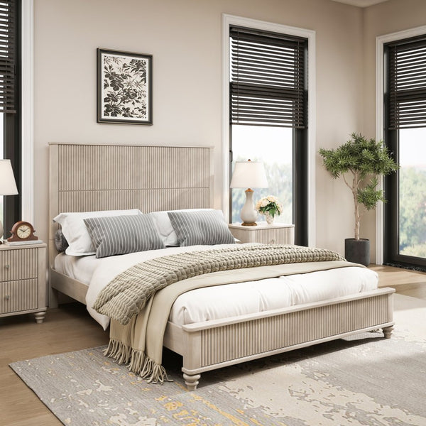 English Elm Solid Rubberwood Queen Platform Bed Tall Headboard Natural Grain No Box Spring W1716S00016