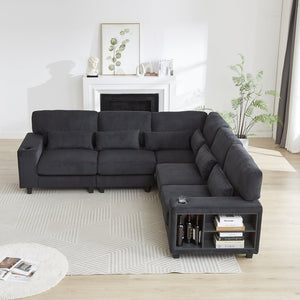 English Elm 102.75*102.75" L-Shaped Modular Sectional Sofa with Corduroy Upholstery, Storage Arm, Cup Holder, 5-Seat Convertible Lounge Black W1926S00052