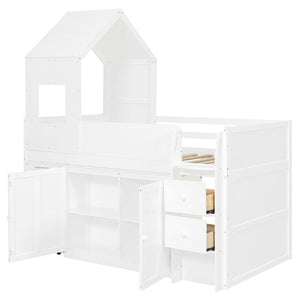 English Elm Twin House Loft Bed with Pull Out Rolling Desk Stair Drawers and Cabinet Storage White N820S00072K