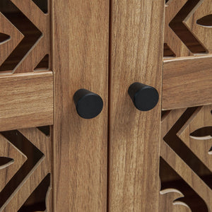 English Elm 70.28" Tall Walnut Pantry Cabinet Lattice Carved Doors Adjustable Shelves Two Drawers W688P303382