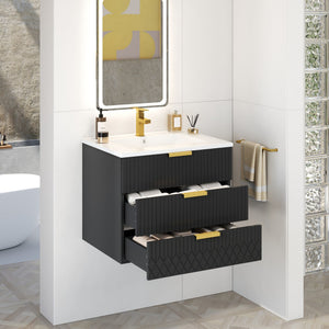 English Elm 24inch Bathroom Vanity with Ceramic Basin Sink, Wall-Mounted Double Drawer Cabinet for Small Baths Black N710P324097B