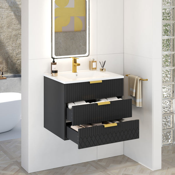 English Elm 24inch Bathroom Vanity with Ceramic Basin Sink, Wall-Mounted Double Drawer Cabinet for Small Baths Black N710P324097B