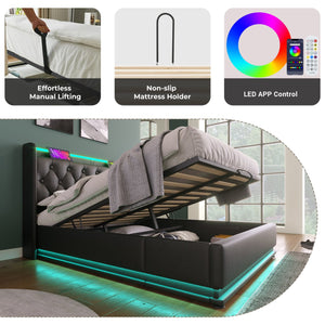 English Elm Queen Upholstered Bed with Surround LED, App/Remote Control, Hydraulic Storage, USB Type-C Charging Black N736P188807B