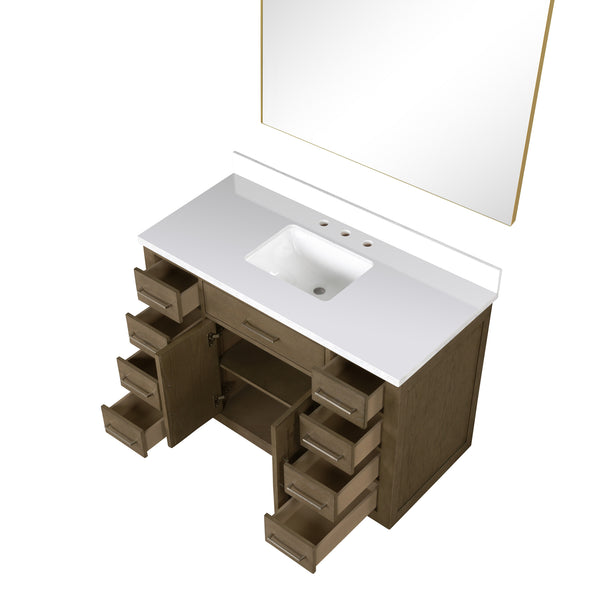 English Elm Grey Oak Single Bath Vanity With White Quartz Top And 46 In. Frameless Mirror For Modern Spaces B2731S01408