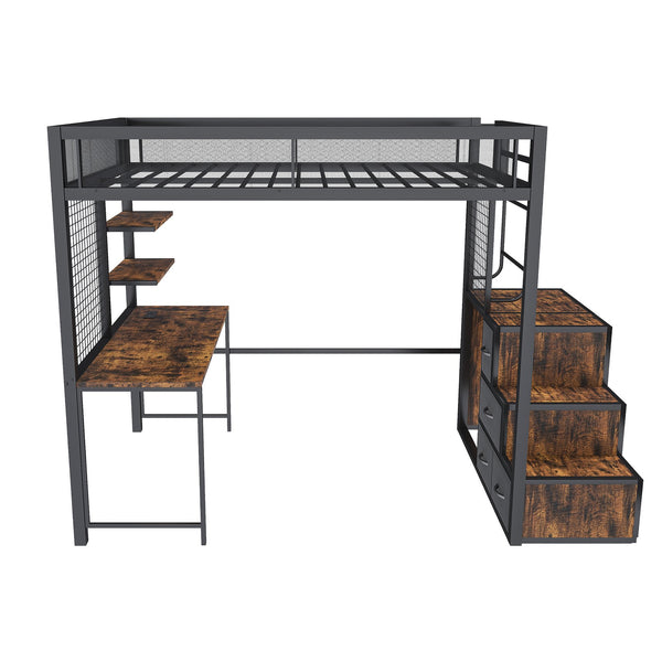 English Elm Full Loft Bed with Desk, 4 Cabinets & Staircase Storage — Metal Frame, Built-In USB/Outlets, Space-Saver Black W2700S00061