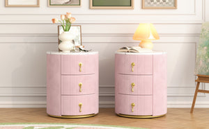 English Elm 2 Upholstered Nightstand Set with 3 Drawers, Round Velvet Bedside Table, Marble Top & Metal Handles Pink 24 L x 19.5 W x 18.89 H N733S272609H
