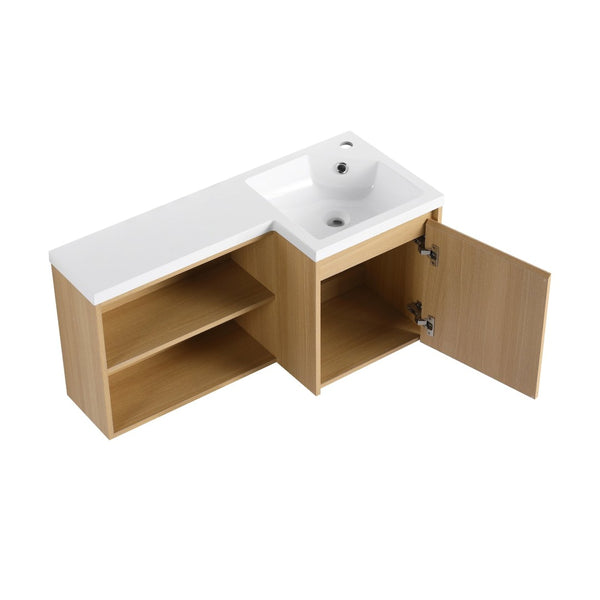 English Elm 36" Corner Floating Vanity with Integrated Resin Sink Open Shelf Light Oak Modern Bath W3450S00049