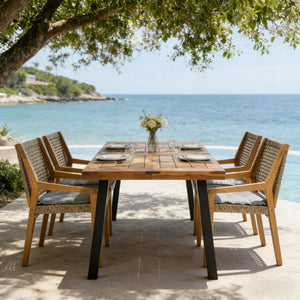 English Elm Modern Acacia Wood Outdoor Dining Set with Wicker Armchairs for Patio or Deck N770PS597R192