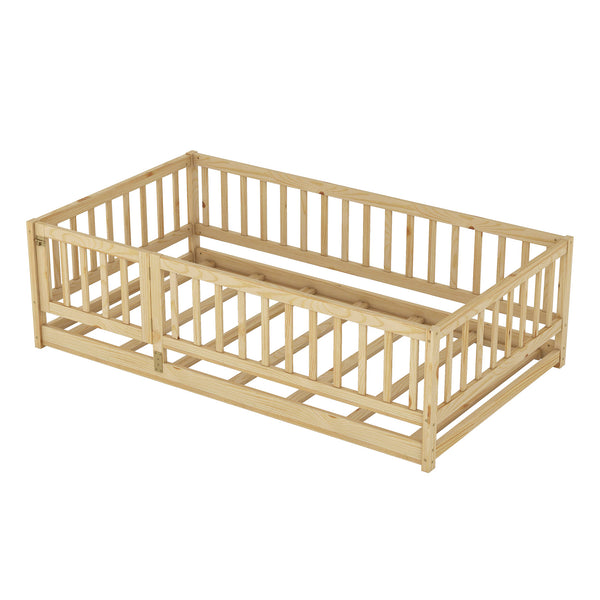 English Elm Twin Oak Montessori Floor Bed with Fence & Door, Twin Slatted Pine Frame, Low Profile for Kids (Natural) W1820P349300