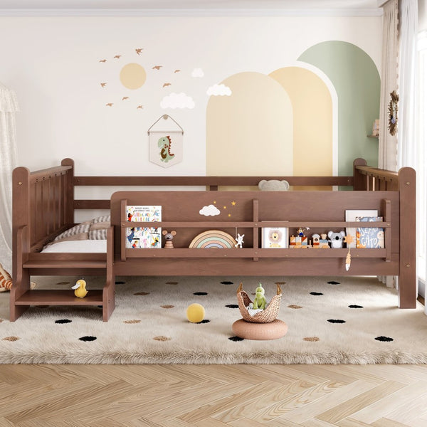 English Elm Twin Pine Floor Bed for Kids with Side Bookcases Built-in Stairs and Safety Guardrails Natural W1580P390225