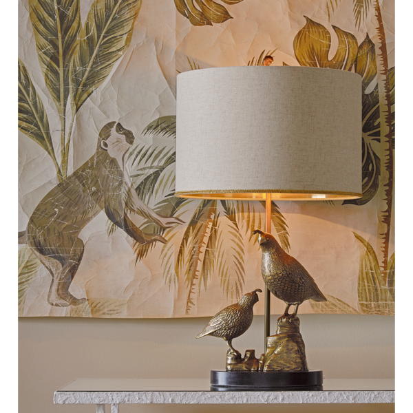 Codorniz Brass Table Lamp - Elegant Quail-Inspired Design with Natural Linen Shade & Black Marble Base