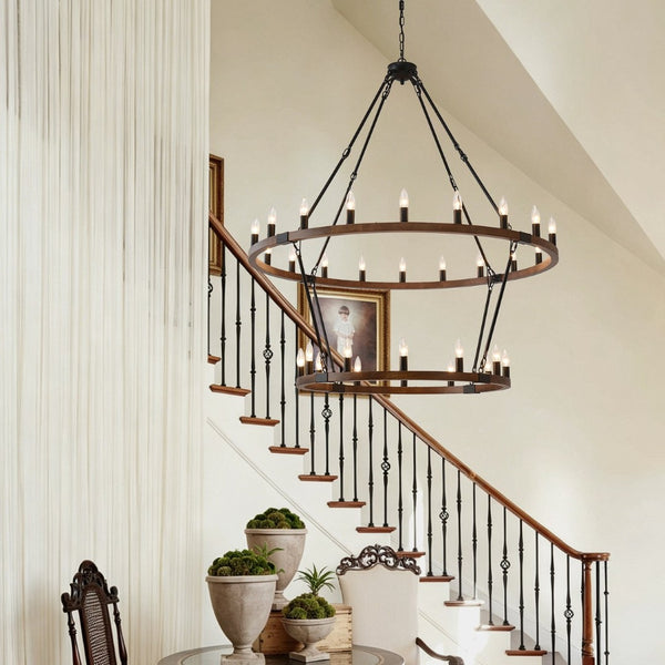 English Elm Large Two Tier Wagon Wheel Chandelier 32 Light Farmhouse Metal Wood Grain Foyer W5008P464922
