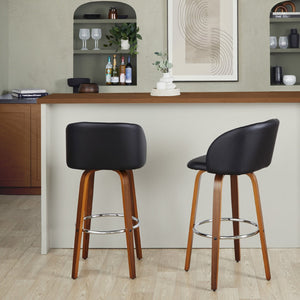 English Elm Fixed-height Swivel Barstools Walnut Bentwood Faux Leather Seat Chrome Footrest Set B202S01853
