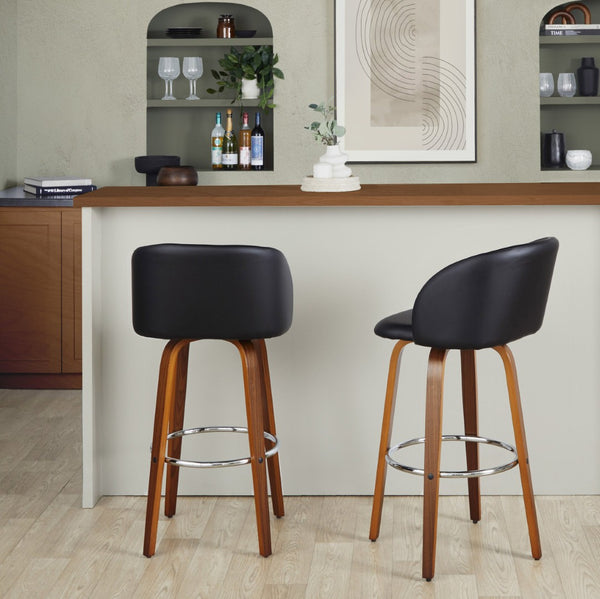 English Elm Fixed-height Swivel Barstools Walnut Bentwood Faux Leather Seat Chrome Footrest Set B202S01853