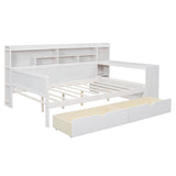 English Elm Wooden Full Size Daybed With Storage Shelves, Multi-Functional Bed With Two Storage Drawers and Study Desk, Antique White