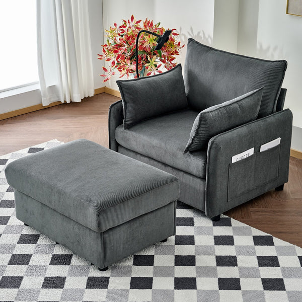 English Elm 55" Oversized Chaise Lounge Chair With Ottoman & Storage: Stylish Comfort For Small Spaces, Grey W3373P330165