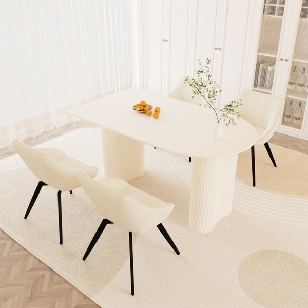 English Elm 63" Cream Mdf Dining Table Set with Carved Wave Legs and Beige Pu Upholstered Chairs Beige+Cream W2189S00849