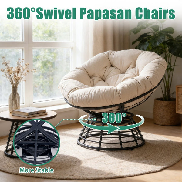 English Elm Oversized Papasan Swivel Chair Woven Resin Wicker Bowl Seat with Plush Foam Cushion Black+ Gray T5880P492325