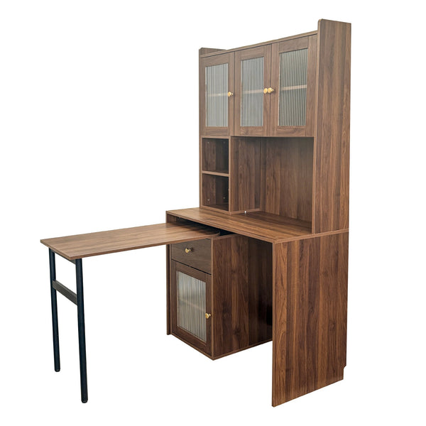 English Elm Computer Desk with Glass Doors and Hutch, Spacious 4-Cabinet Storage, Drawer & Rotating Top Walnut W331S00195