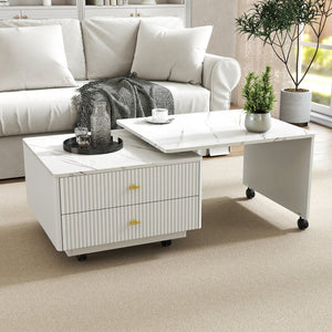 English Elm Extendable Modern Swivel Coffee Table with Marble Top, 2 Drawers, Rotating Expandable Design and Wheels W331P286652