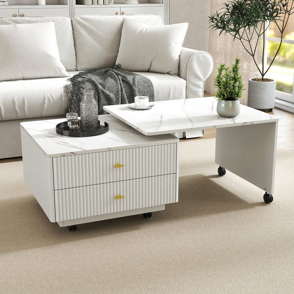 English Elm Extendable Modern Swivel Coffee Table with Marble Top, 2 Drawers, Rotating Expandable Design and Wheels W331P286652