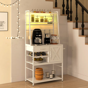 English Elm HOMCOM Baker's Rack with LED RGB Lights, Charging Station, Wine Rack, Drawer & Shelves White W2225P229081