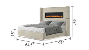 English Elm LIZZELLE Queen 5PC Bedroom Set with Ambient LED Fireplace Display, USB/Bluetooth Speakers, Velvet Upholstery B009S02103